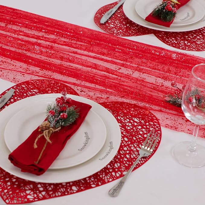 Snowkingdom 6 Pcs Red Glitter Table Runner 10 FT, Sheer Chiffon Sparkle Gauze Cheesecloth Mesh Runners 120 Inch, Red Table Centerpieces Decoration for Birthday Party Wedding Christmas Mothers Day