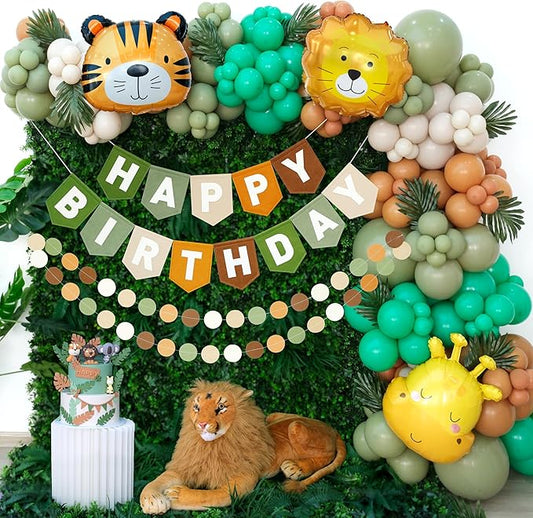 Safari Balloon Arch Kit Happy Birthday Banner Felt Brown Green Wild Animal Zoo Theme Sage Green Brown Jungle for Baby Boys Party Decorations