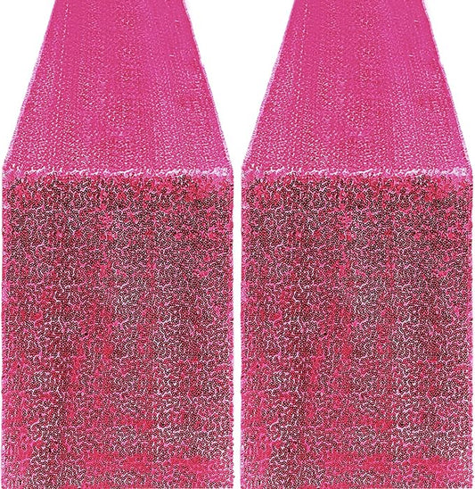 2 Packs 12 x 72 inches Sequin Table Runner, Hot Pink Glitter Table Runner for Birthday Party Supplies Wedding Engagement Baby Shower Holiday Celebration Event Decorations
