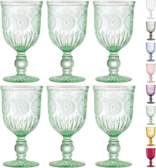 Yungala Green Wine Glasses Set of 6 Vintage Hobnail Goblets 10 oz Dishwasher Safe
