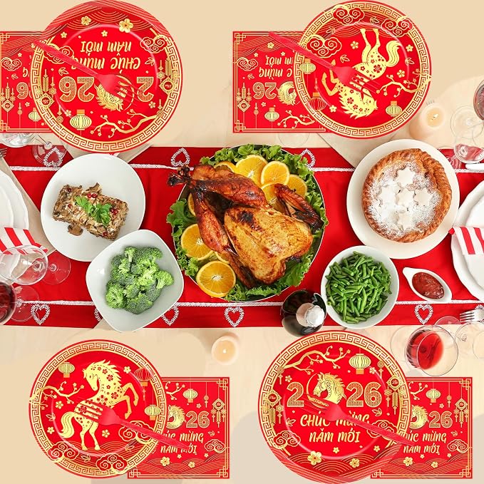 96Pcs Vietnamese New Year Party Decorations Vietnamese Horse Themed New Year Plates and Napkins 2026 Red Gold Horse Tableware Dinnerware Party Supplies for Spring Festival Lunar Decor Serves 24 Guests