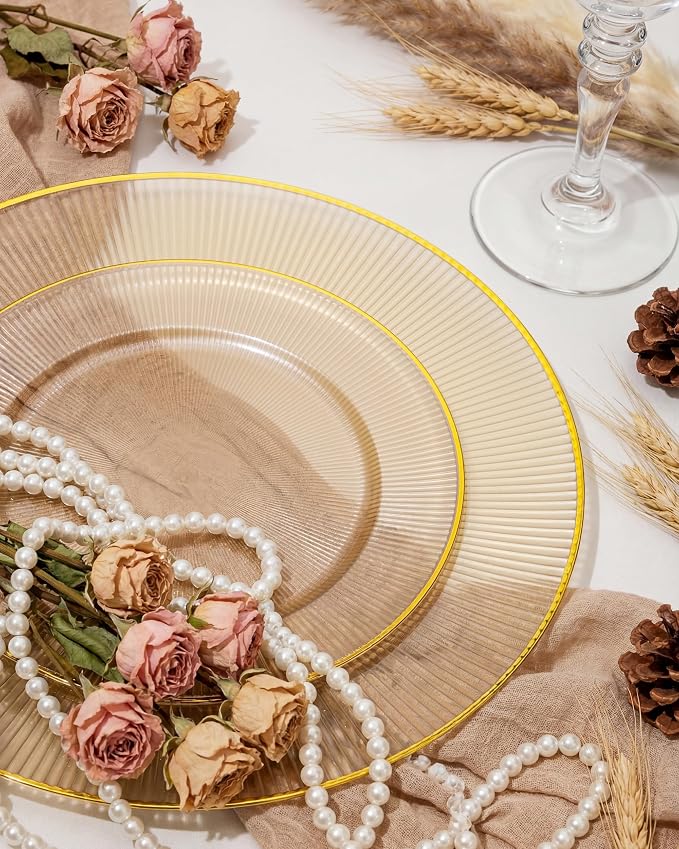 Hioasis 60pcs Brown and Gold Plastic Plates - Brown Disposable Dinnerware Set, 30pcs Dinner 10in & 30pcs Dessert 7in Plates with Striped Designs for Party & Wedding