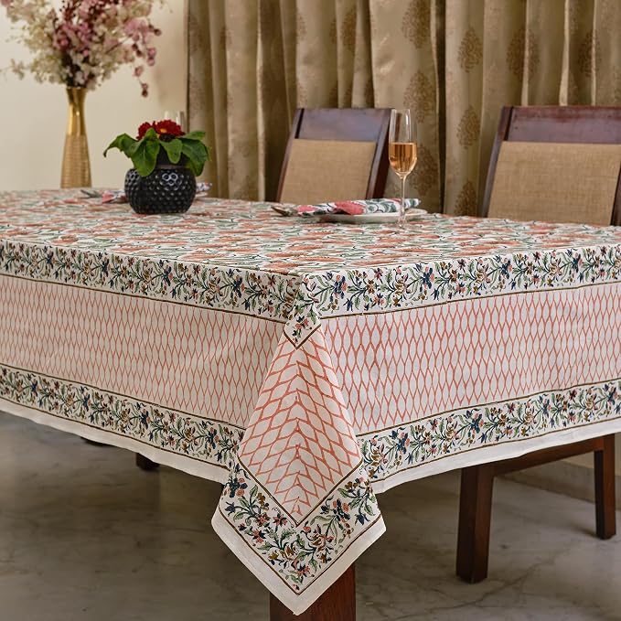 Ridhi Burnt Orange Hand Block Print Cotton Rectangle Tablecloth 120" x 80" inches Reusable Table Cover Decorative Everyday Use for Dining Room, Farmhouse, Home Gift for Spring, Mother's Day