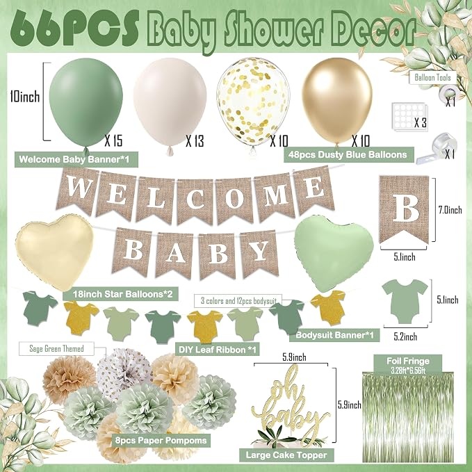 Sage Green Baby Shower Decorations, Green Balloonswith WELCOME BABY Banner, Fringe Curtains Foil Balloons, Cake Topper,Pom Poms Flowers, Neutral Gender Reveal Birthday Party Supplies