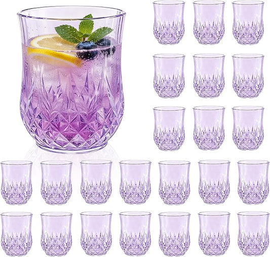 24 Pack Plastic Stemless Wine Glasses,12oz Unbreakable Vintage Elegant Drinking Glass Set,Reusable Fancy Cocktail Cups for Party, Wedding, and Bulk Events (24, 12oz-Purple)