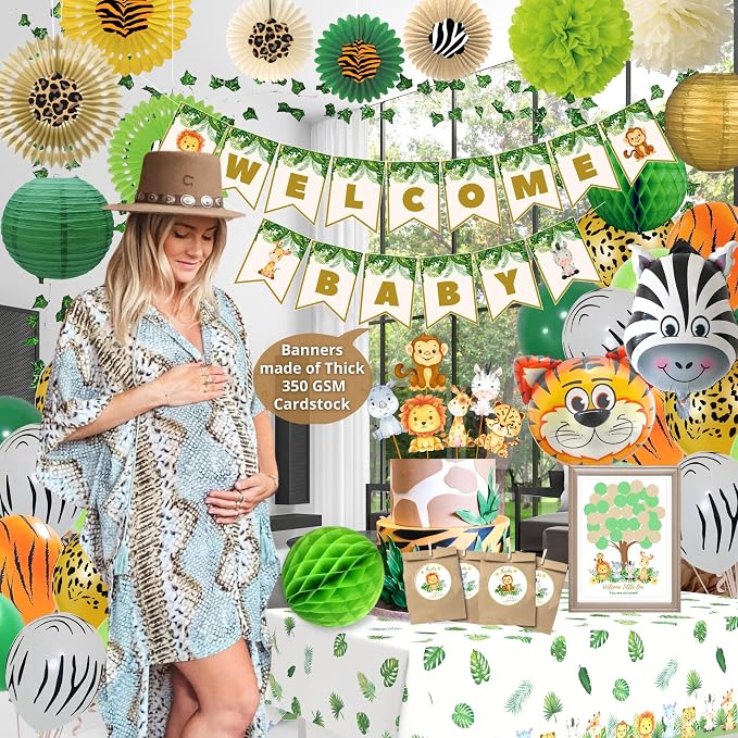 207 Pc Jungle Baby Shower Decorations for Boy - Safari Theme Party Kit | Safari baby shower decor for boy - balloons, banner, animal cutouts, paper fans, guest book, games & sash; easy 15-min setup
