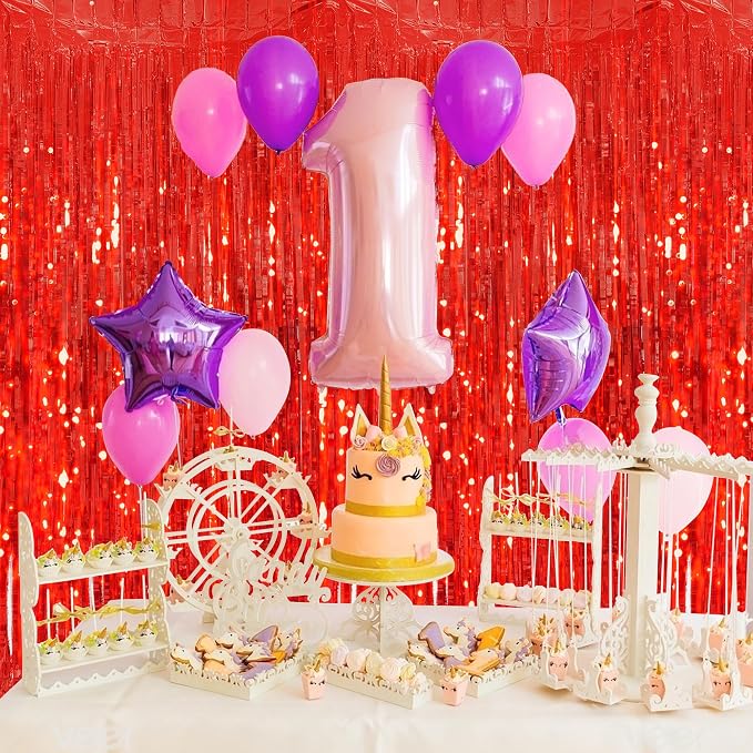 JOYIT 5 Pack Red Tinsel Backdrop - 3.28 ft x 6.56 ft Fringe Backdrop, Glitter Foil Fringe Curtains for Party Decorations, Birthday, Bachelorette, Graduation, Wedding (Red, 5 Pack)