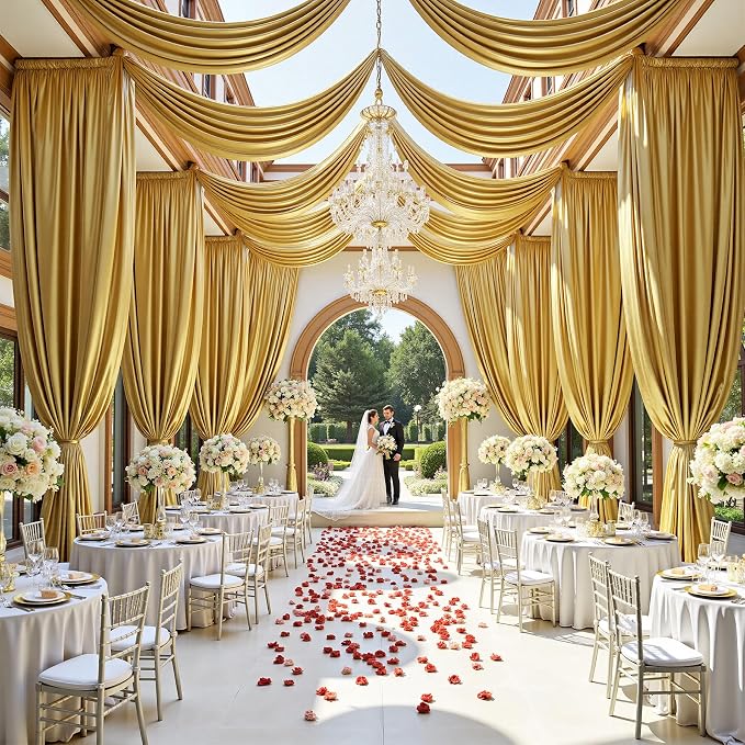 20ftx40ft Gold Ceiling Curtain for Wedding Parties – 4 Panels Wrinkle-Free 40 FT Long Tent Draping Curtains for Wedding, Birthday & Theme Parties, 40ft Height with Rod Pocket