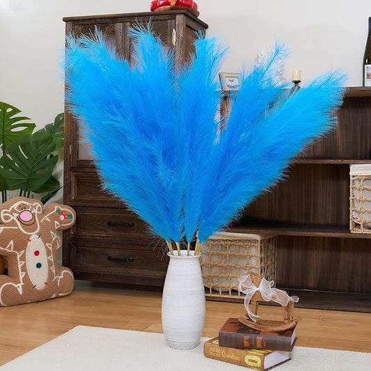 Premium Faux Navy Blue & Sky Blue Pampas Grass Decor – 43.3″8pcs Tall Fluffy Dual-Tone Feather Flowers, No Assembly 18-Branch One-Piece Stems for Coastal Boho Wedding & Modern Home Decor (8pcs 110cm)