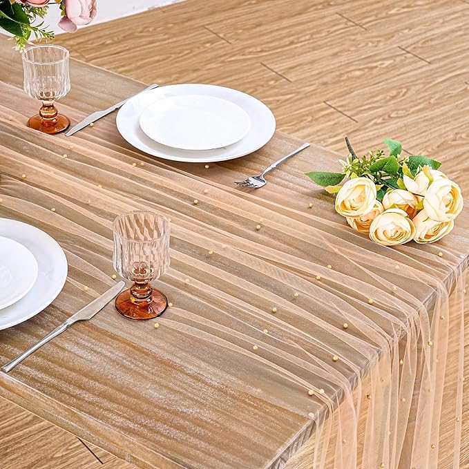 LuoluoHouse Champagne Pearl Table Runner Centerpieces: 10ft Pearl Tables Decor 29x120 Inch 3pcs Tulle Chiffon Fabric for Wedding Decor Birthday Party Dining Table Covers