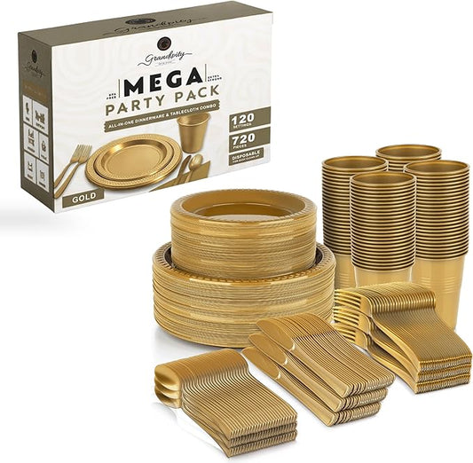 720 Piece Gold Disposable Dinnerware Set (120 Guests) Plastic Dinnerware Set Disposable - 120 Count, 9" Dinner Plates, 7" Dessert Plates, 12oz Cups, Forks, Knives & Spoons- Plastic Party Plates Set