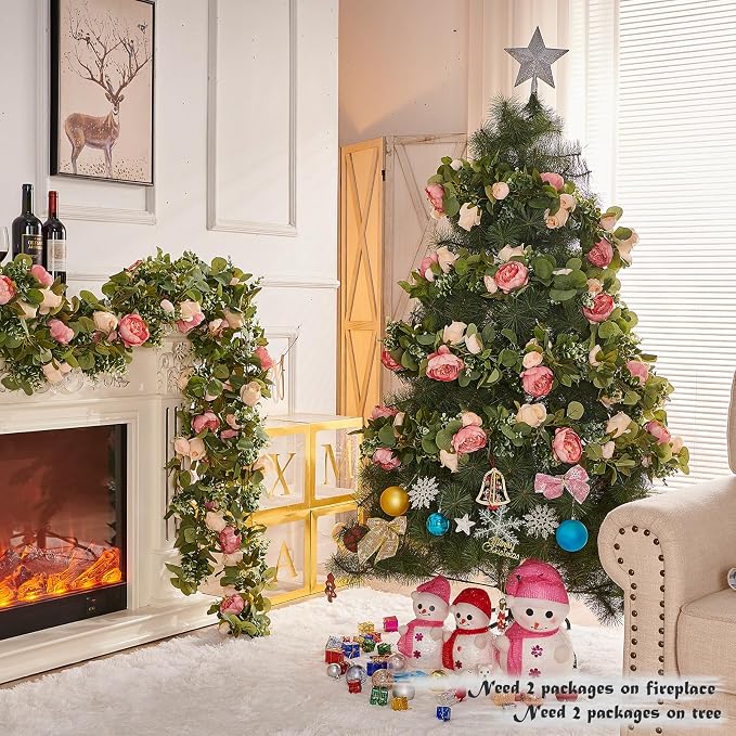 Artificial Flower Garland 3pcs 5.9ft Champagne Pink Floral Peony Vine Decor | PONKING Fake Rose Vine Flowers Hanging Faux Roses String for Room Party Home Wedding Birthday Wall Arch Decoration