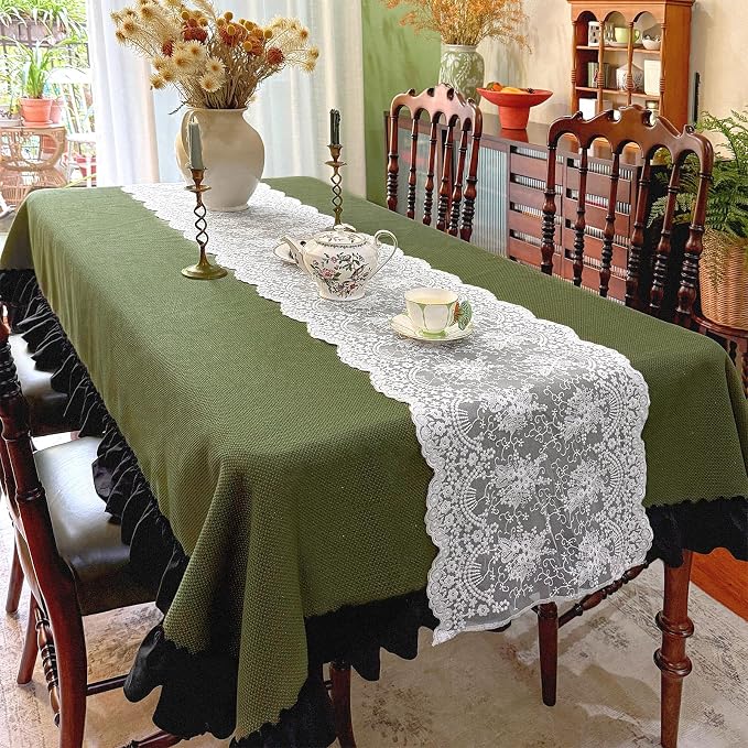 Sage Green Ruffled Table Cloth Rectangular Table, Washed Vintage Thick Decorative Tablecloth for Dining Farmhouse Wedding - 84"x60"