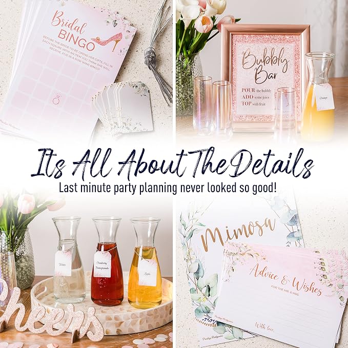 PRESTIGE Bridal Shower Games (32 Guests) + Mimosa Bar Supplies | 5 Games, Boho Bridal Shower Decorations Rose Gold, Greenery Theme Bridal Shower Favors Decor Kit, Bubbly Wedding Brunch Prizes (32 Set)
