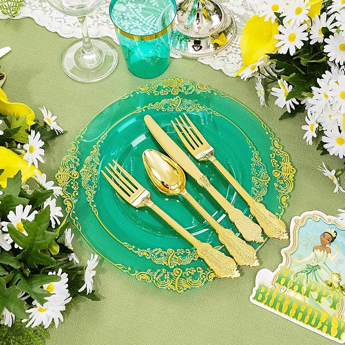 Hioasis 350pcs Green and Gold Plastic Plates - Green Party Plates for 50 Guest, Include 100 Heavy-duty Plates(20% Thicker Than Standard), 150 Cutlery Set, 50 Napkin, 50 Cups for St. Patrick's Day