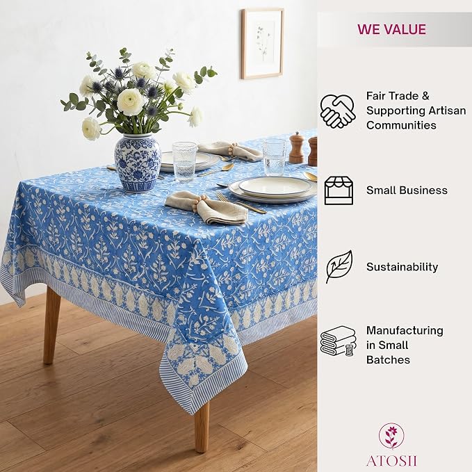 ATOSII Maya Blue 100% Cotton Rectangle Spring Summer Tablecloth, Handblock Floral Print Linen Table Cloth for Kitchen Dining I Parties, Weddings, Outdoors, Easter Decor 60 X 108 Inches, 8 Seater