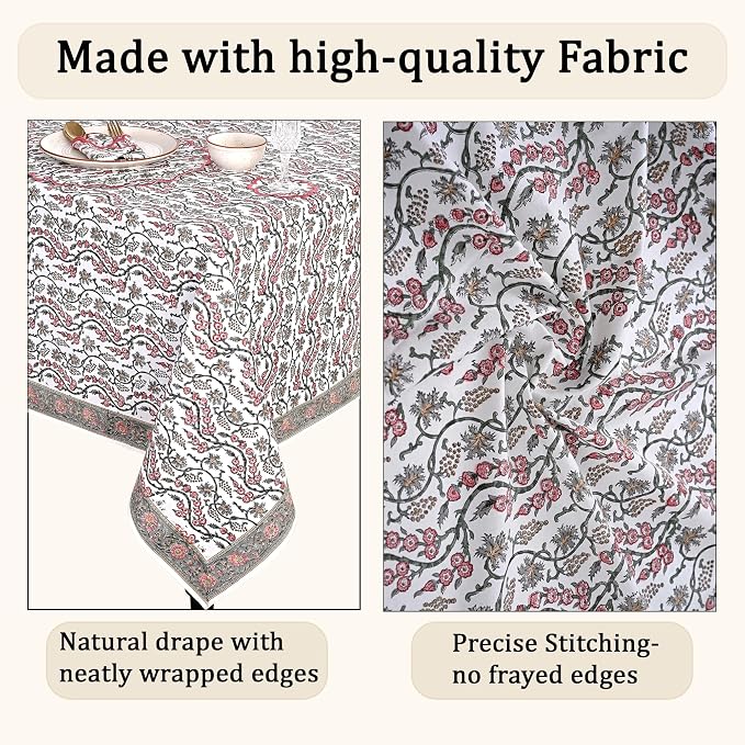 Ridhi Coral Pink Hand Block Print Cotton Rectangle Tablecloth 190" x 72" inches Reusable Table Cover Decorative Everyday Use for Dining Room, Farmhouse, Home Gift for Spring, Mother's Day