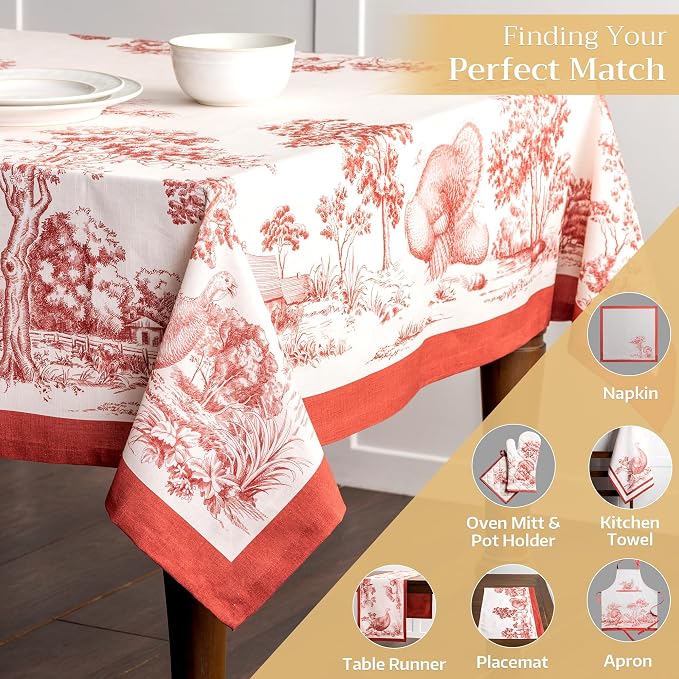 Maison d' Hermine Table Cloth Rectangle Table 100% Cotton 70 x 108 Inches Fall Tablecloth Reusable Everyday Use for Thanksgiving Christmas Decorations Dining Farmhouse Party (Holy Jouy - Red)