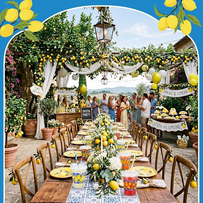 FoldTier 50 Pcs 12 oz Lemon Disposable Plastic Cups with Blue Tile Design, Lids, Straws and Leakproof Paper, Mediterranean Summer Party Supplies for Birthday Baby Shower Bridal Picnic Decorations