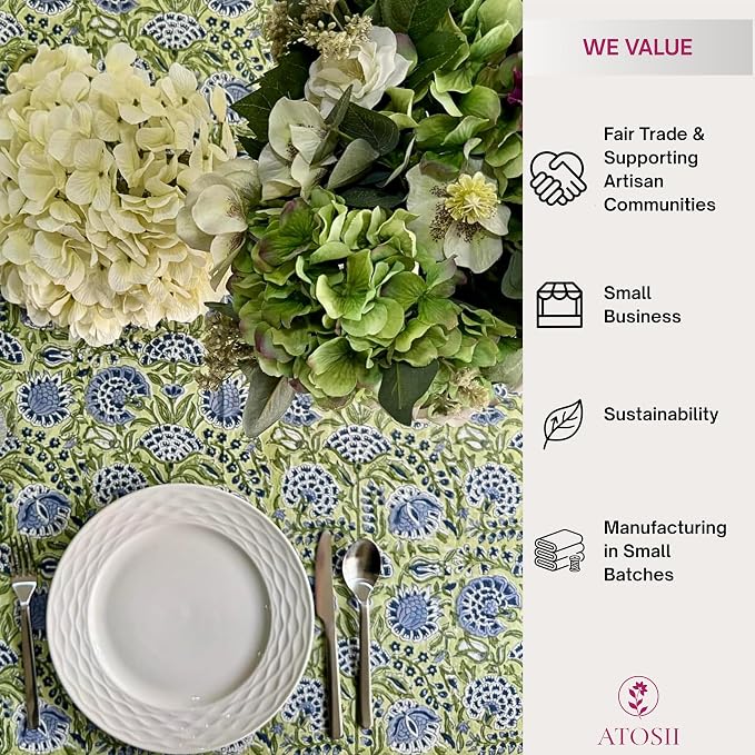 ATOSII Amara 100% Cotton Round Summer Tablecloth, Handblock Print Floral Table Cloth for Kitchen Dining Linen I Parties, Weddings, Outdoors I Grand Millennial Farmhouse Home Decor 90" Inches Round