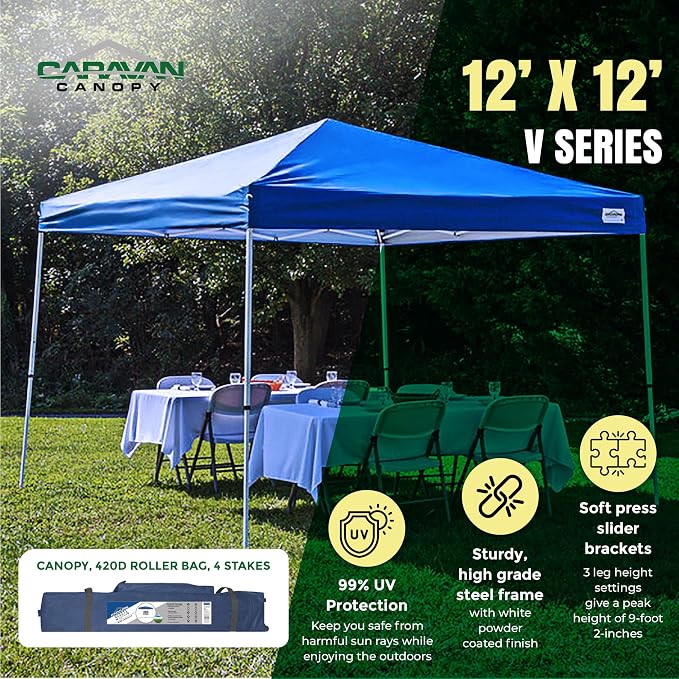 Caravan Canopy Pop-Up Tent V Series 2 12 x 12 ft Slanted Leg Instant Shade, Blue