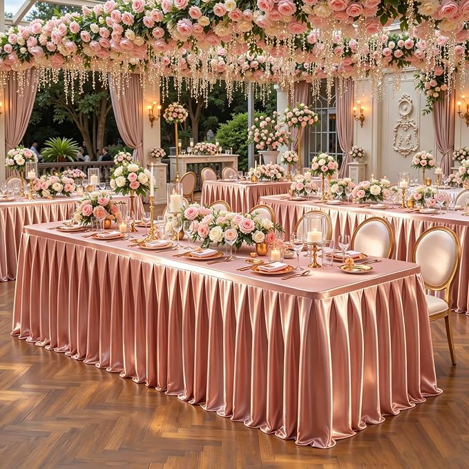 1 Pack Dusty Rose Satin Tablecloths Rectangle 6FT, Glitter Spandex Fitted Stretch Table Covers Wrinkle-Free Floor Length Shimmer Table Skirt for Weddings Parties Baby Shower Banquets Vendor Events