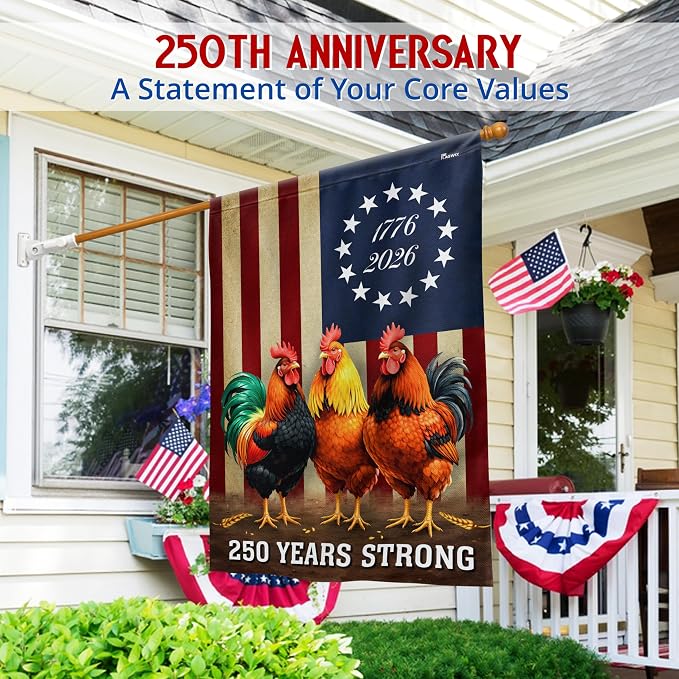FLAGWIX American 250 Years Anniversary Rooster Flag - Polyester Double-sided Yard Flags For Outside House Flag (29.5" x 39.5") - 4th of July Decorations for Farm Home Yard Garden Decor Banner