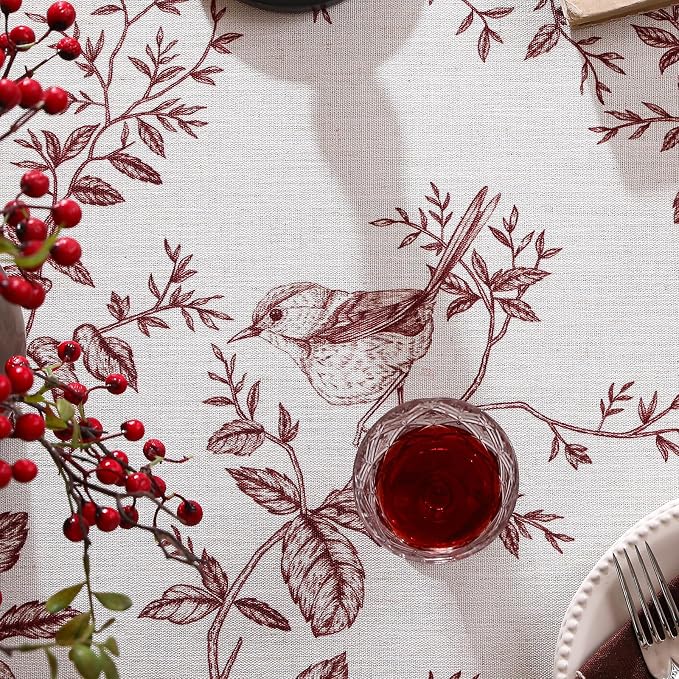 ISAENNE Designer French Linen Round Tablecloth,Diameter 67"-Harmony | Vintage Elegant Beautiful Decoration Table Cloth,Red Floral and Bird Pattern,Heavy,Dining,Tea Party,Kitchen,Thanksgiving