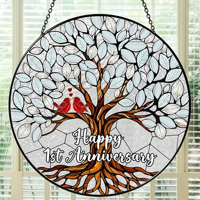 1st Wedding Anniversary Stained Glass Suncatcher, 6x6' Anniversary Decorations, 1st Celebration Marriage Gifts for Parents, Couple, Wife & Husband, 1 Wedding Milestone Keepsake