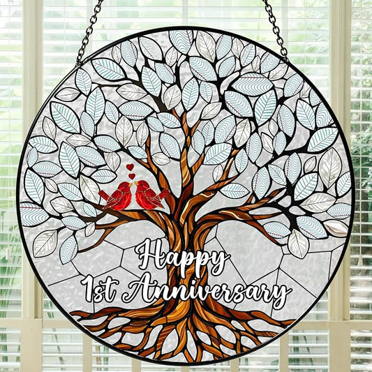 1st Wedding Anniversary Stained Glass Suncatcher, 6x6' Anniversary Decorations, 1st Celebration Marriage Gifts for Parents, Couple, Wife & Husband, 1 Wedding Milestone Keepsake
