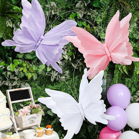 3 Pcs Large Butterfly Party Decorations Hanging 3D Crepe Paper Butterfly Decoration Mariposas Grandes para Decoracion for Wedding Party Birthday Baby Shower Garden(Purple, Pink, White,20 Inch)