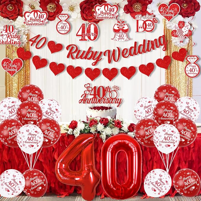 Ruby 40th Wedding Anniversary Decorations, We Still Do 40 Years Cheers to 40 Years Celebration Party Supplies for Couple, Balloon Cake Topper Hanging Swirls Love Garland Banner