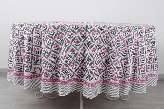 Ridhi Round Tablecloth Hand Block Print 100% Cotton Reusable Pink and White 110 Inch Table Cover Decorative Everyday Use for Dining, Home, Party, Wedding, Farmhouse Gift for Spring, Mother's Day