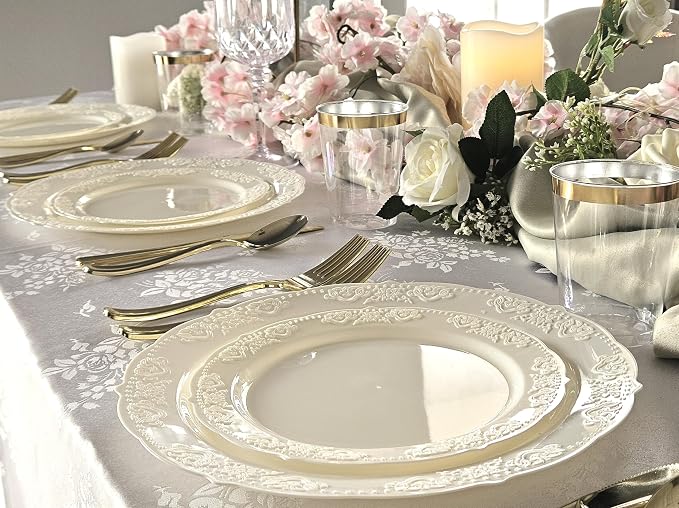 OCCASIONS 240 Pack (120 Guests) Fancy Vintage Disposable Plastic Plates Set, Heavy Duty Wedding Party Dinnerware, 120x10.25" Dinner, 120x7.5" Salad/Dessert, BPA Free, China-Like Look (Portofino Ivory)