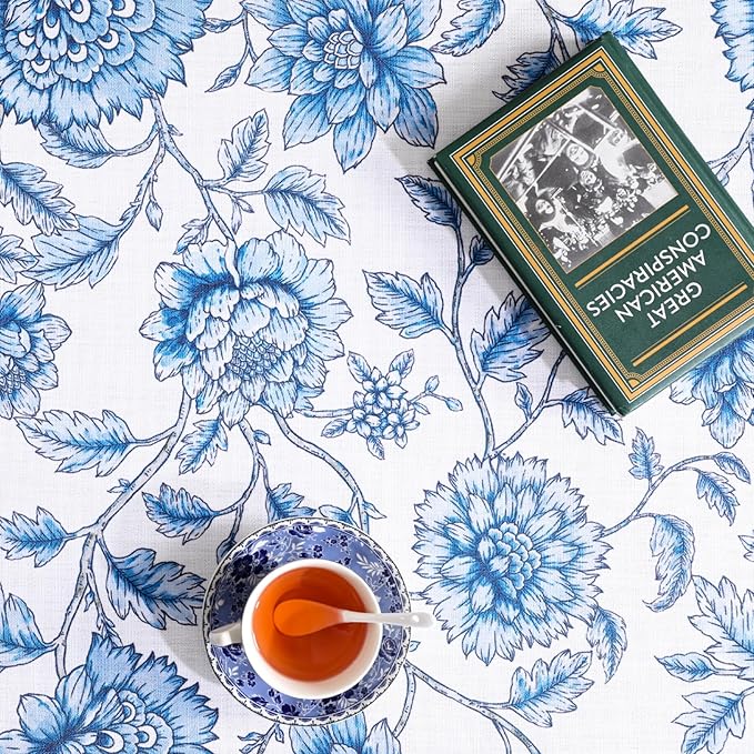 ISAENNE Designer French Linen Rectangular Tablecloth,87"x55"-BlueWilow | Chinoiserie Vintage Elegant Table Cloth Rectangle Table,Blue Floral Pattern,Beautiful,Dining Room,Kitchen,Thanksgiving