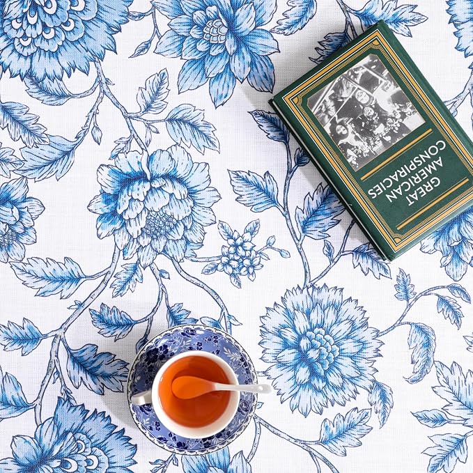 ISAENNE Designer French Linen Rectangular Tablecloth,102"x63"-BlueWilow | Chinoiserie Vintage Elegant Table Cloth Rectangle Table,Blue Floral Pattern,Beautiful,Dining Room,Kitchen,Thanksgiving