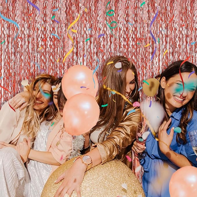 BOMSI Rose Gold Tinsel Foil Fringe Curtains Wavy Backdrop for Parties Sparkle Metallic Wavy Foil Fringe Backdrop Curtain Photo Booth Props Birthday Graduation Wedding Bachelorette Party Decorations