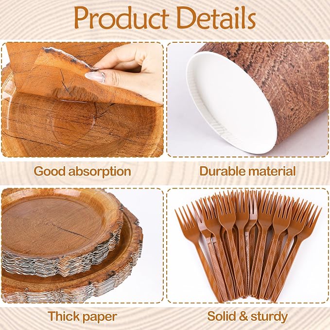 Kochorie 400 Pieces Wood Grain Slice Disposable Party Tableware Sets Rustic Wood Party Supplies Including Plates Cups Napkins Cutlery Serves 50 for Camping Birthday Forest Themed Party Decorations
