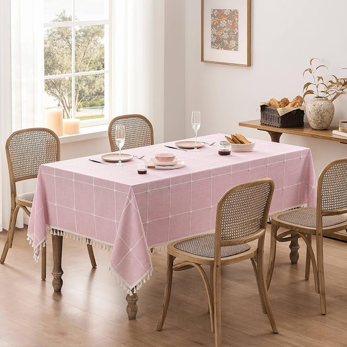 ZeeMart Boho Grid Table Cloth with Tassels (Pink, 60" x 60"), Heavy Weight Linen Checked Embroidered Farmhouse Tablecloth, Water Resistant Square Pink Tablecloths
