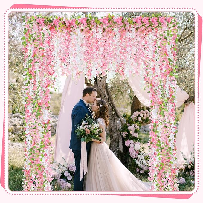 Thiccywoov 4pcs Wisteria Artificial Flowers Garland, 7.2Ft/Piece Wisteria Hanging Flowers Garland for Wedding Arch Decoration Outdoor Ceremony Home Backdrop Garden (Pink,Dark Pink,White)