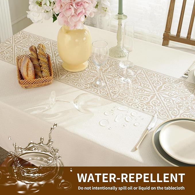 Nordic Beige Round Tablecloth, Premium Drape, Water & Stain Resistant, Elegant Rectangle Table Cover for Dining, Kitchen, Party, Home Decor