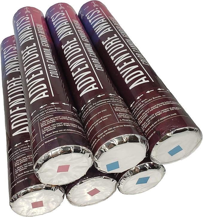 Adventure Awaits! - Baby Gender Reveal & for Other Festivals - Color Dispenser 12" x 6-Pack Hand Held Air Filled Party Popper - Also for Color Run Festival Product (Baby Blue & Pink)