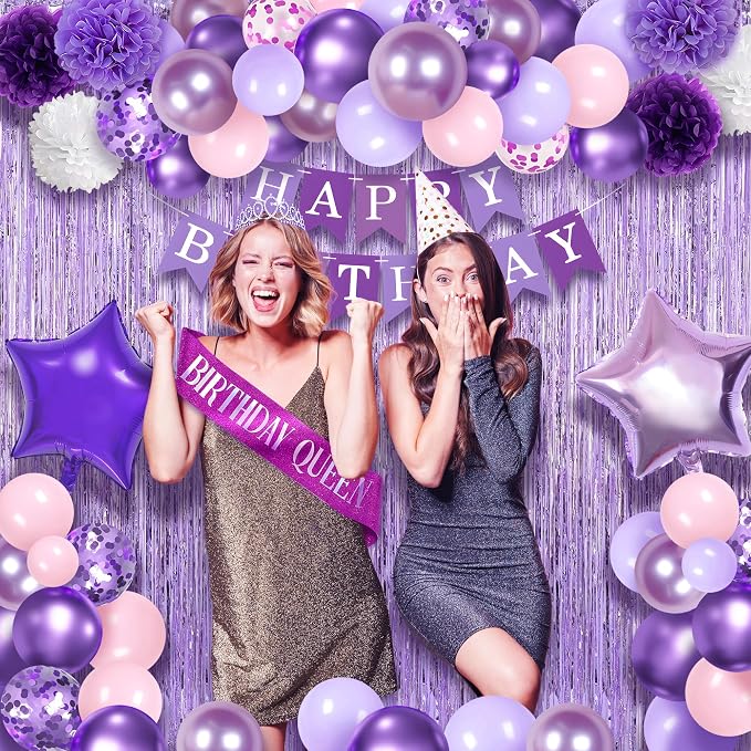 199 Pcs Purple Birthday Party Decorations For Women，Happy Birthday Party Decorations For Girls, 100 Pcs Paper Plates,Napkins and Forks for 20 Guests,Bday Sash and Crown,20 Tableware Sets