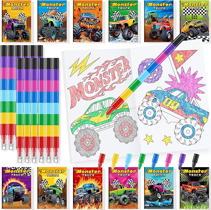 BenLouis 24 Monster Truck Mini Coloring Books Kids with 24 Stacking Crayons Monster Car Party Favors Activity Books Bulk for Kids Monster Truck Birthday Goodie Bag Gift Stuffer Classroom Travel