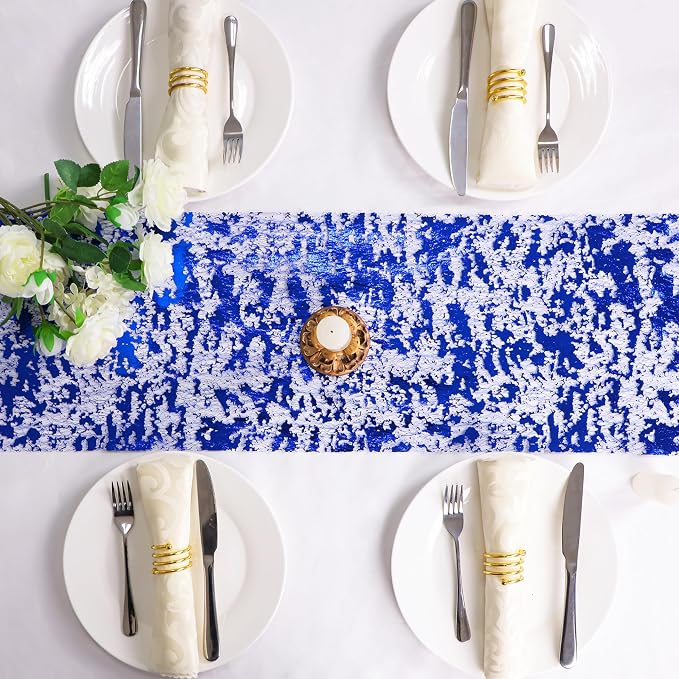 Snowkingdom 2 Pieces Royal Blue Table Runner, Sequin Glitter Foil Metallic Thin Mesh Runner Roll 11"x108" Blue Table Decorations for Wedding Birthday Party Christmas Graduations