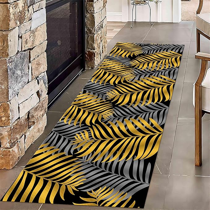 Tropical Palm Leaf Hallway Runner Rug, 3.3x10ft, Modern Yellow Gray Leaf Runner Rug for Hallway Kitchen, Non-Slip Breathable Washable Long Rug for Indoor Entrance Laundry Office Kitchen Floor Mat
