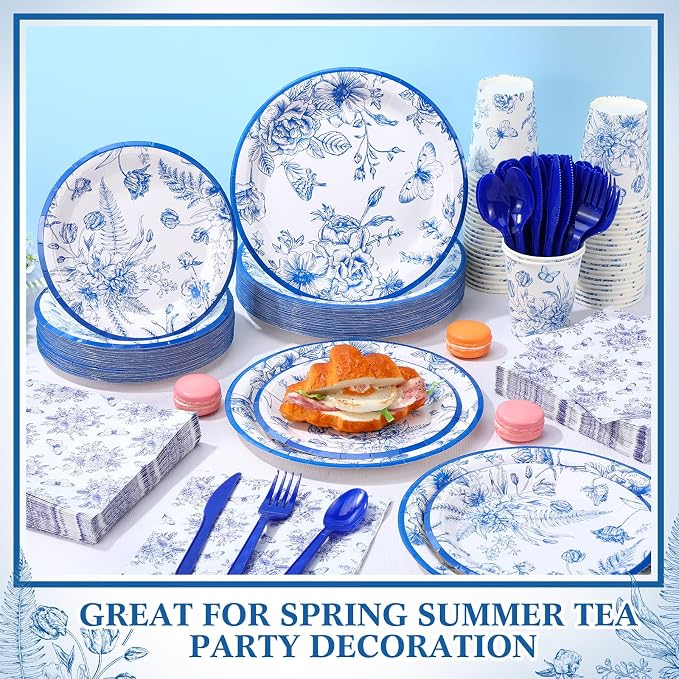 Funnymoom 400 Pcs Blue Floral Party Supplies for 50 Guests Blue Flower Disposable Plates Napkins Cups Spoons Forks Knives for Wedding Garden Tea Party Bridal Shower Baby Shower