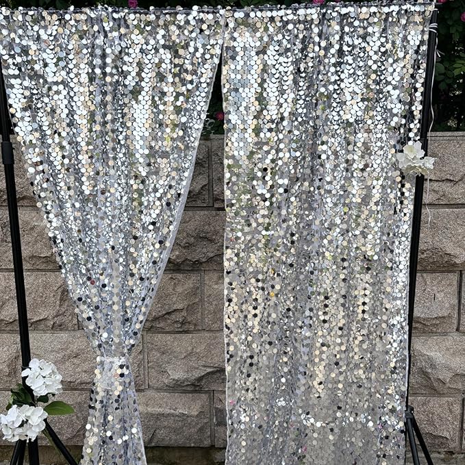 Silver Sequin Backdrop 18MM Large Sequins, 4x10 Feet, 2 Panel Glitter Sparkler Shimmer Backdrop for Decor, Parties, Home