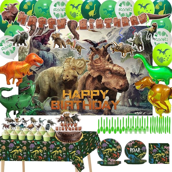 Dinosaur Themed Birthday Party Decoration Kit - Includes Backdrop, Tablecloth, Birthday Banner, Cake/Cupcake Toppers, Hanging Swirls, Disposable Tableware Set, Latex and Foil Balloon(Triceratops)
