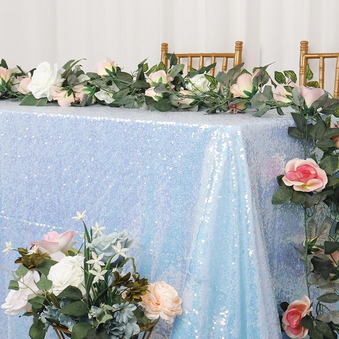 ShiDianYi Aqua Tablecloth Rectangle 90X156 Inch Sequin Fabric Table Cloth Iridescent Sequined Table Overlay Glitter Linen Blue Mermaid Fabric for Birthday Party
